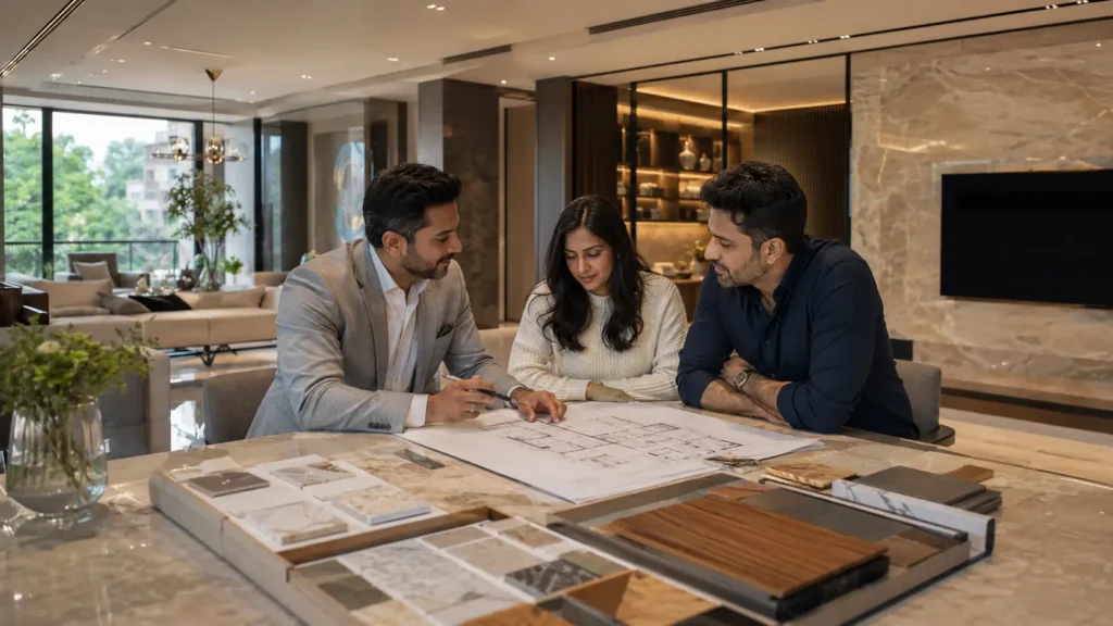 turnkey contractor reviewing home construction drawings