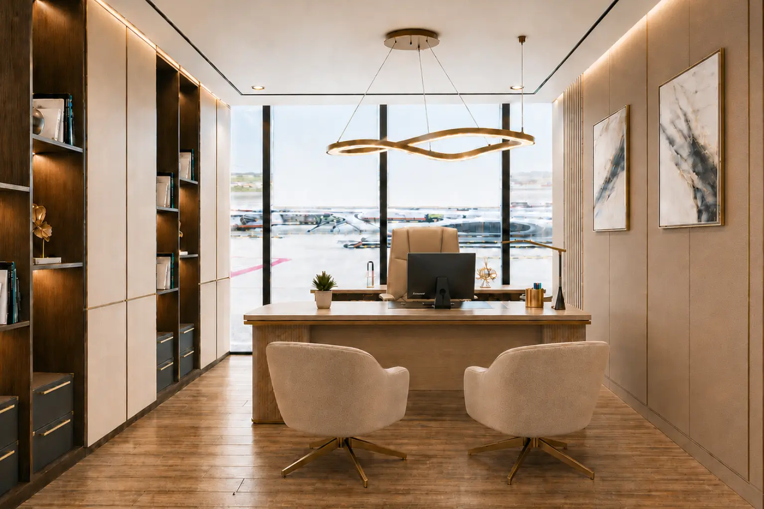 Modern executive office with a large glass window showing airplanes outside; a wooden desk, computer, and two cream swivel chairs.
