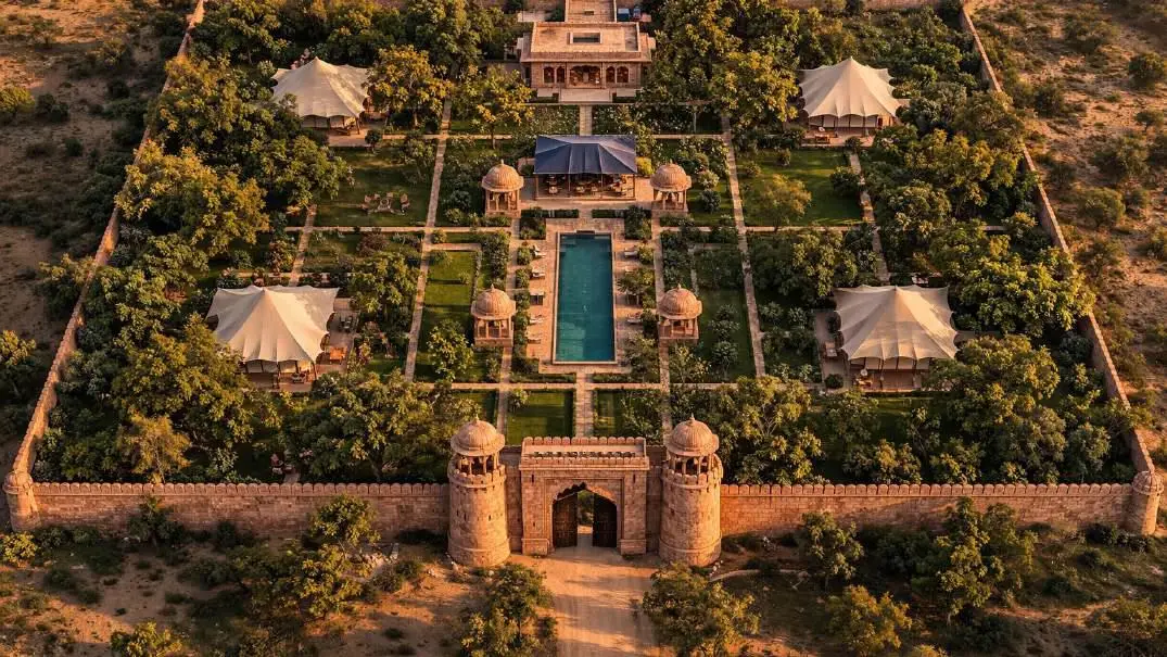 Sawai Villas aerial view of luxury hospitality retreat in Ranthambore with pool, gardens and tented villas