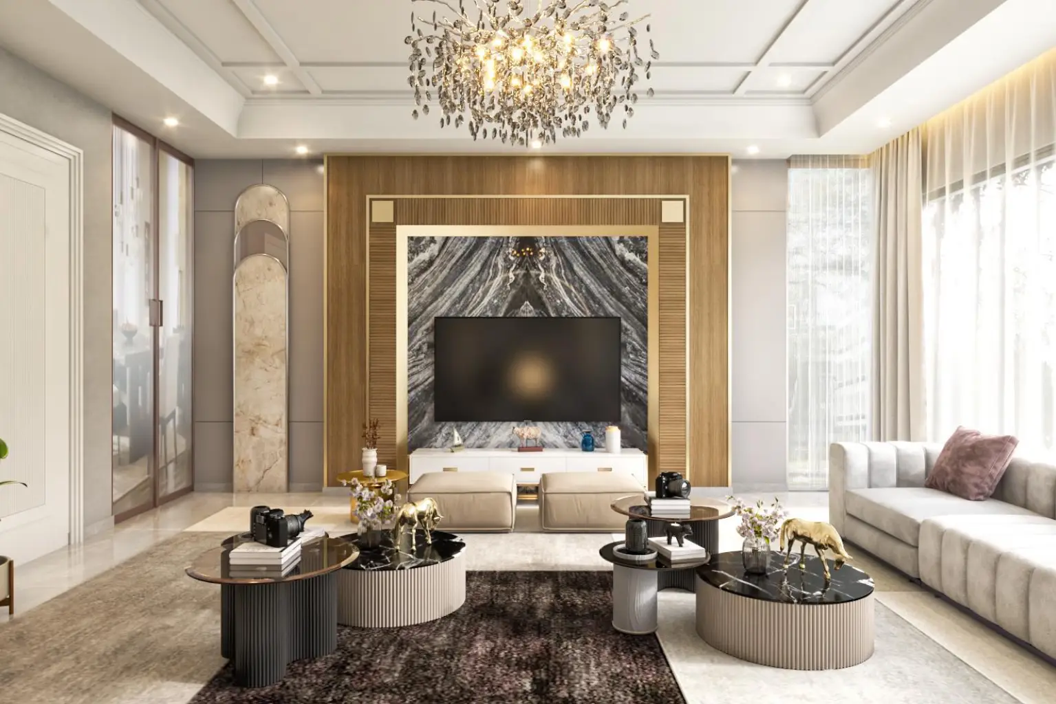 Project Prerna luxury living room with marble TV wall, beige seating and contemporary residential interiors