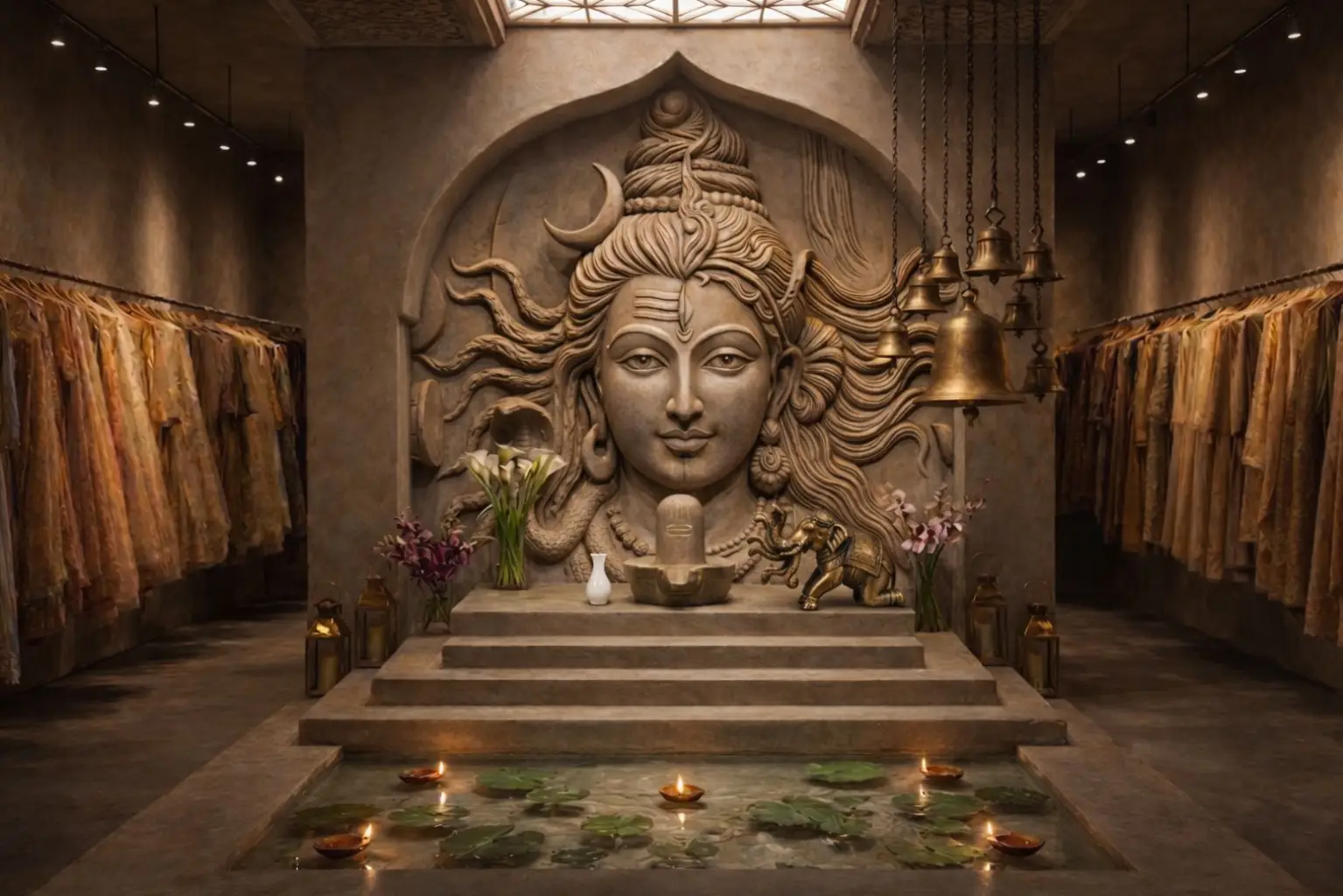 Boutique Couture temple inspired retail interior with carved stone relief, lotus tank, candles and couture display racks