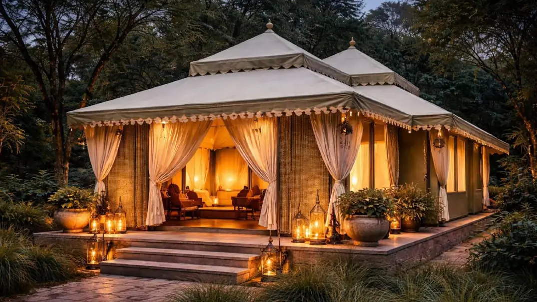 Sawai Villas luxury tented suite in Ranthambore with warm lighting, curtains, lanterns and garden setting