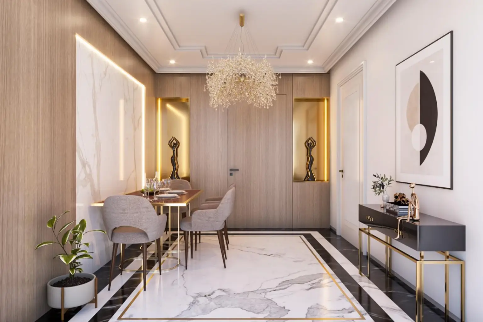 Project Prerna luxury dining area with marble flooring, wood wall panels, chandelier and refined decor