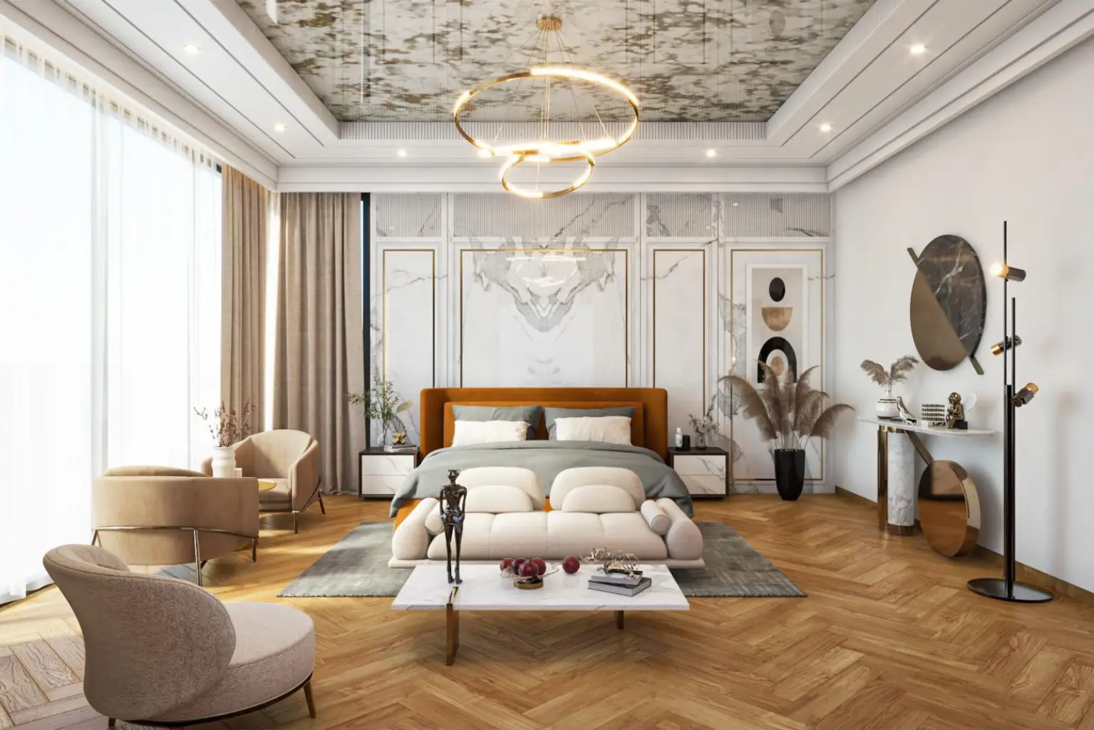 Project Prerna luxury master bedroom in Jaipur with orange headboard, marble wall panels and lounge seating