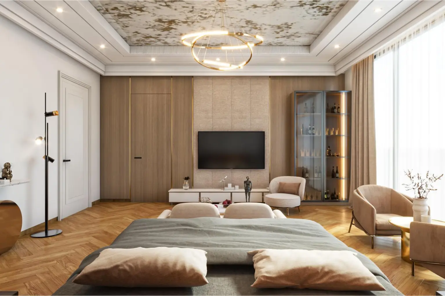 Project Prerna modern bedroom interior with TV wall, wood paneling, storage cabinets and natural light