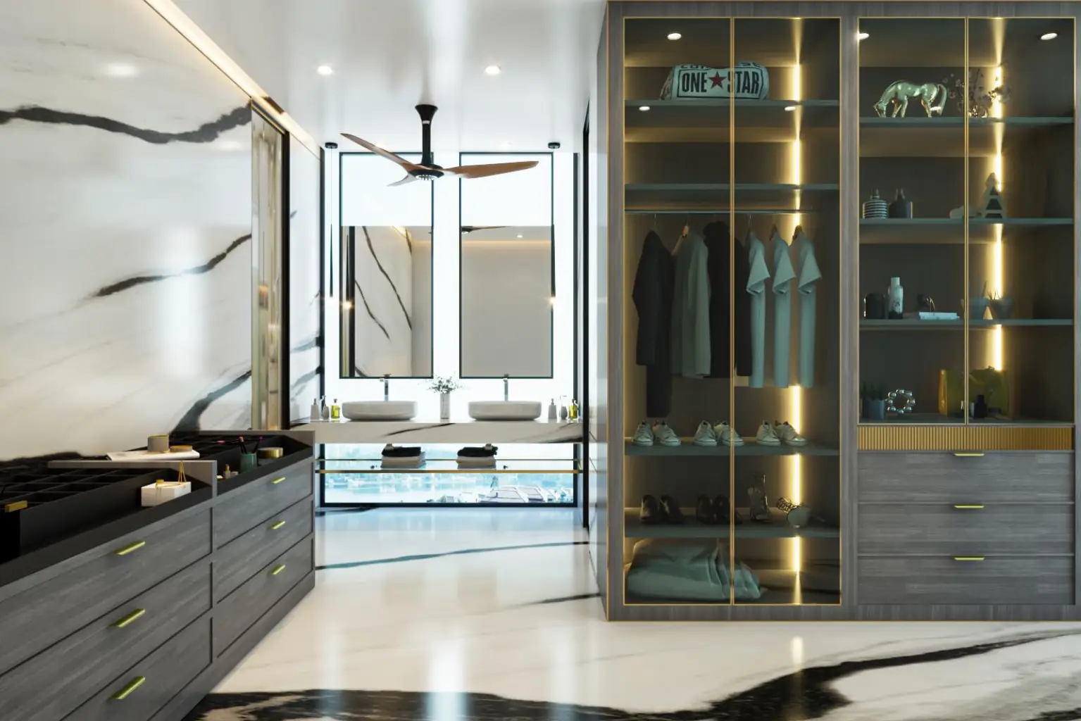 Project Prerna luxury walk in closet design with marble walls, glass wardrobe, vanity and integrated lighting