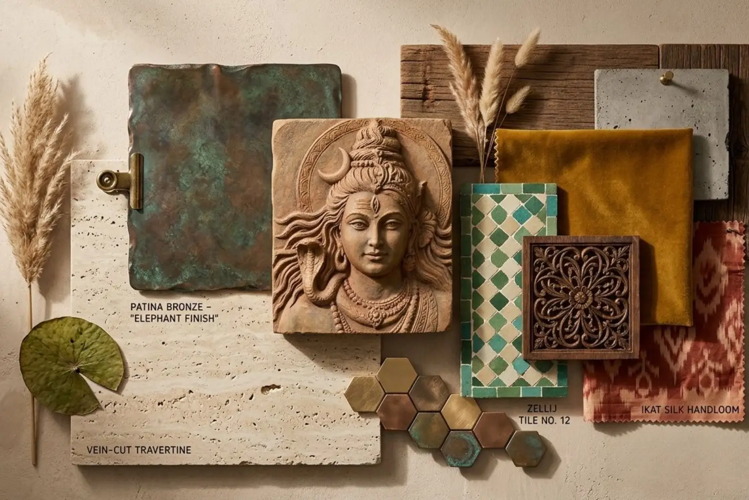 Boutique Couture material palette with bronze patina, carved stone, turquoise tiles, mustard fabric, wood and handloom textures