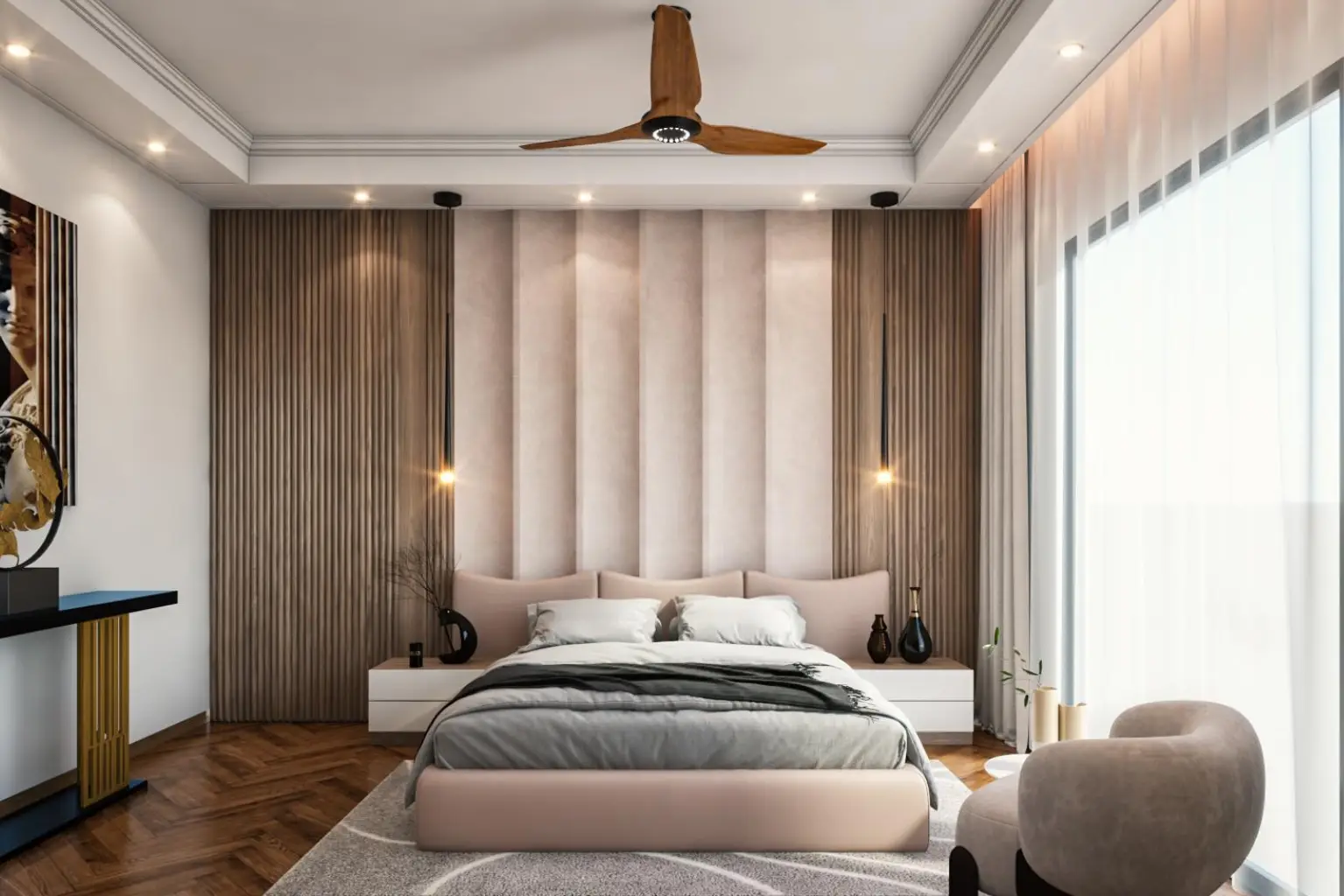Project Prerna neutral bedroom interior design with padded headboard, wood flooring and soft natural light