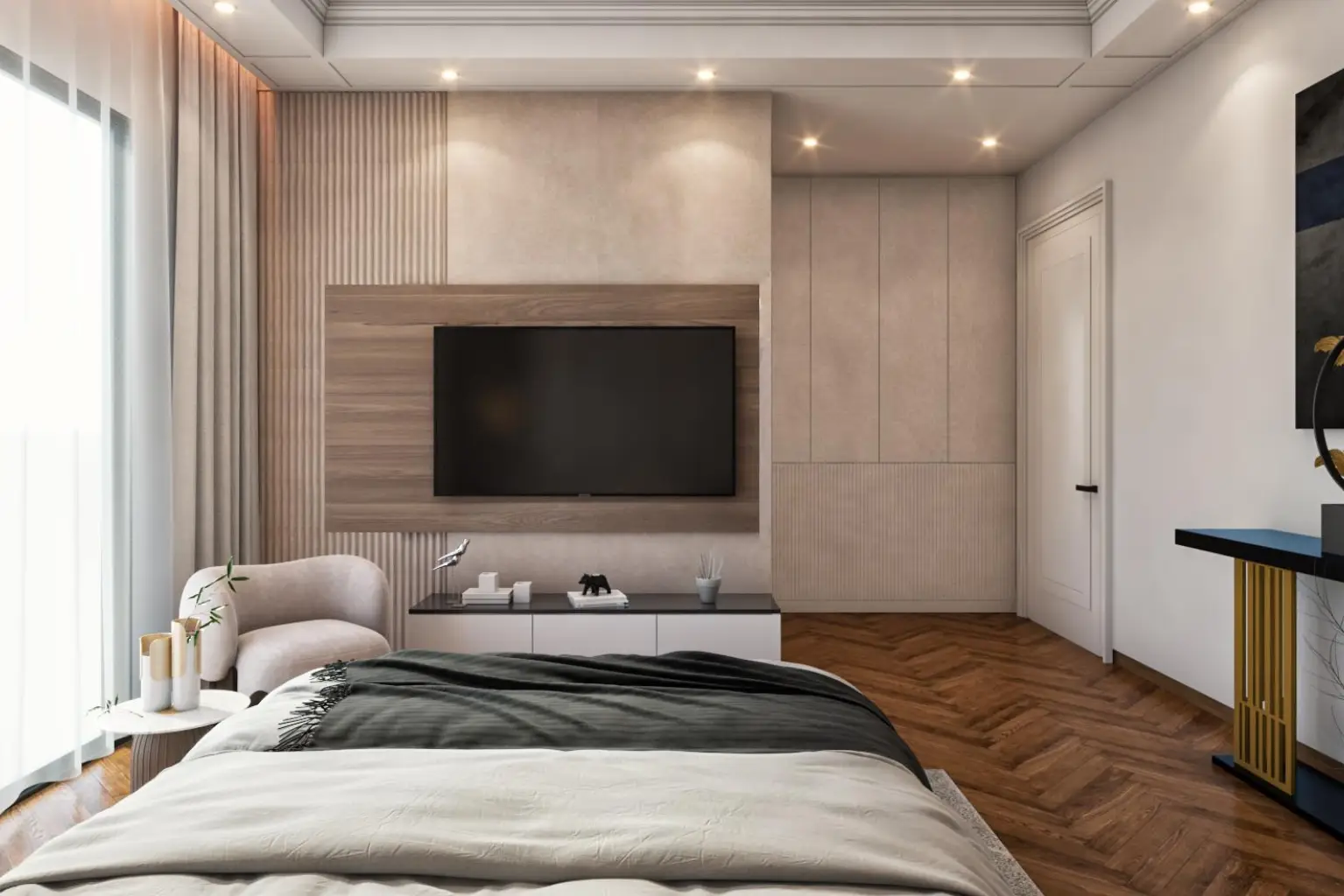 Project Prerna modern bedroom interior with TV wall, wood paneling, storage cabinets and natural light