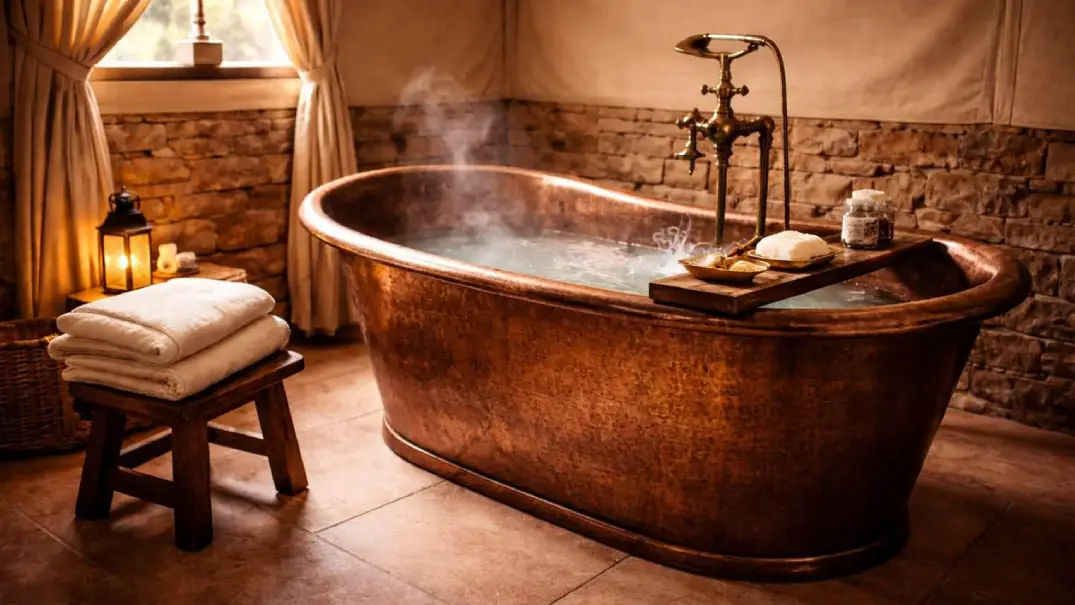 Sawai Villas rustic spa room with copper bathtub, warm lighting, stone wall and folded towels