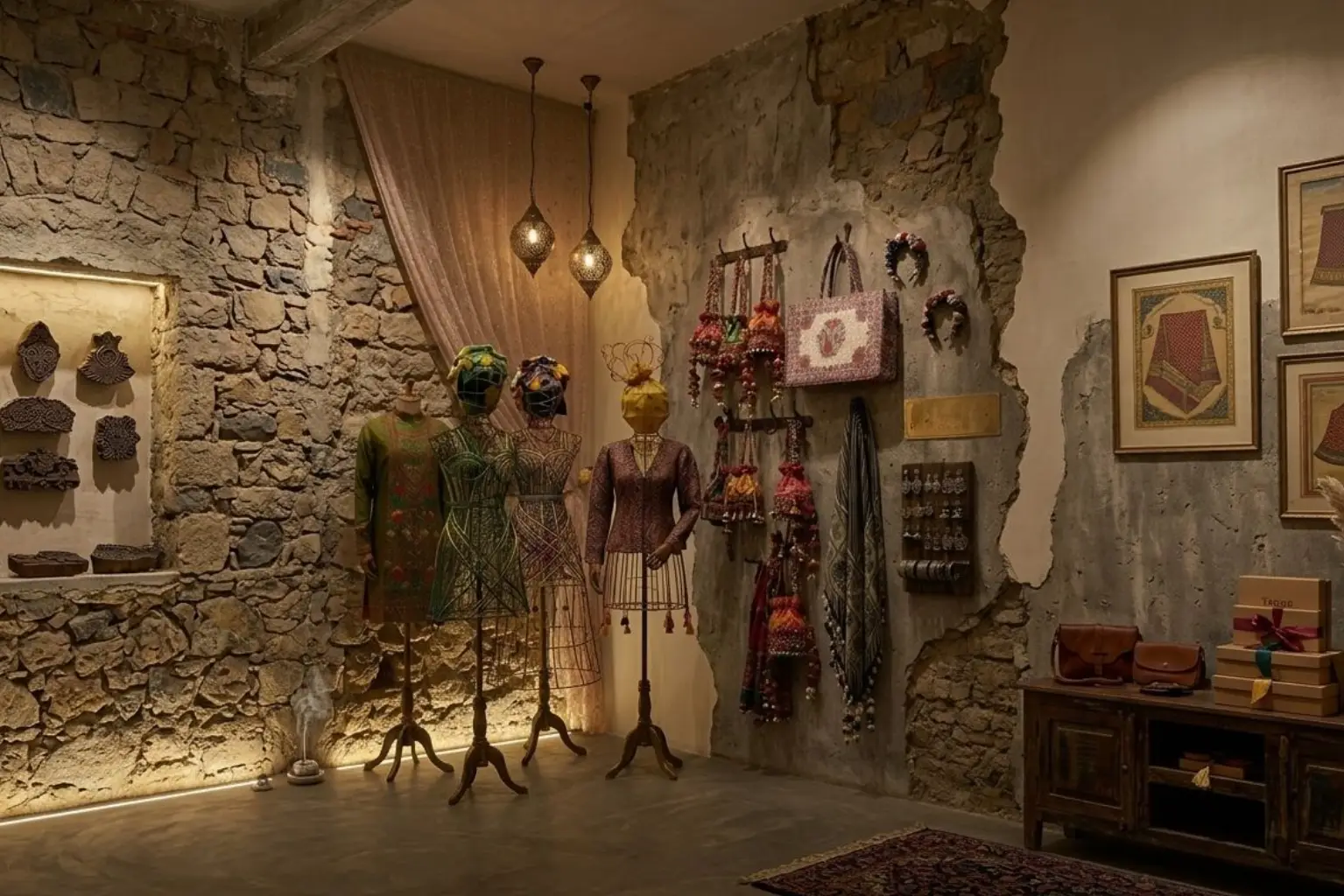 Boutique Couture fashion display interior with stone walls, mannequins, warm pendant lights and curated accessories