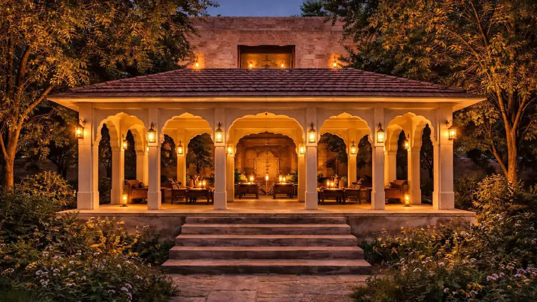 Sawai Villas outdoor pavilion in Ranthambore with warm lanterns, dining seating and stone patio