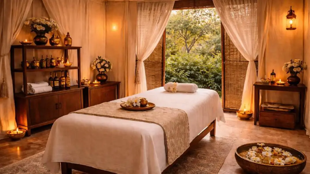 Sawai Villas spa and wellness room with massage bed, warm lighting, sheer curtains and outdoor greenery