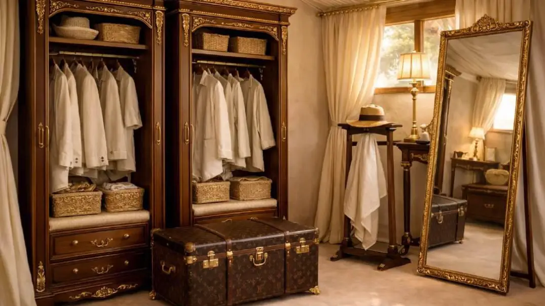 Sawai Villas luxury dressing room with dark wood wardrobes, vintage trunk and refined hospitality interiors