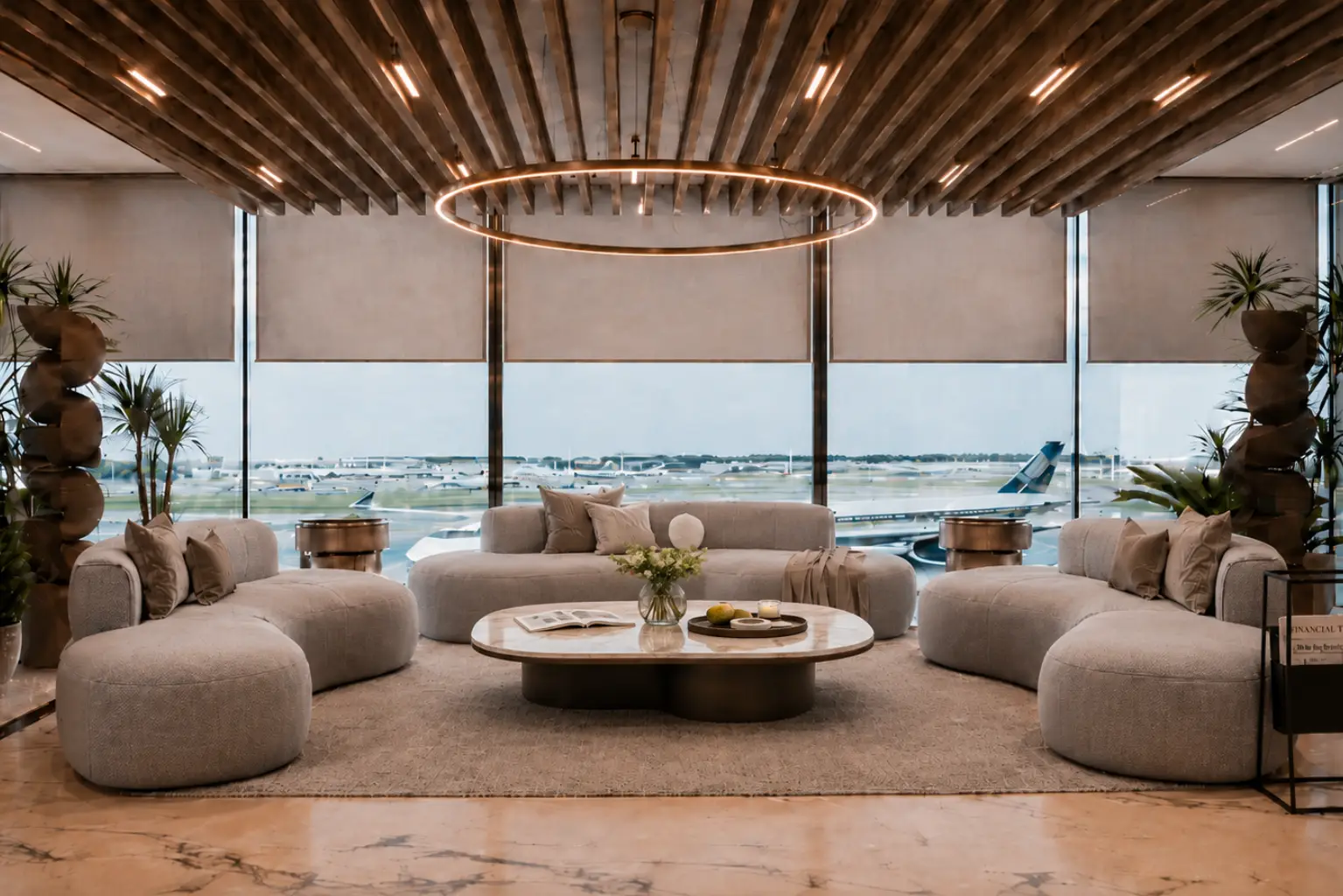 Luxurious airport lounge with circular gray sofas around a marble coffee table and a glowing ring light, runway view outside the windows.