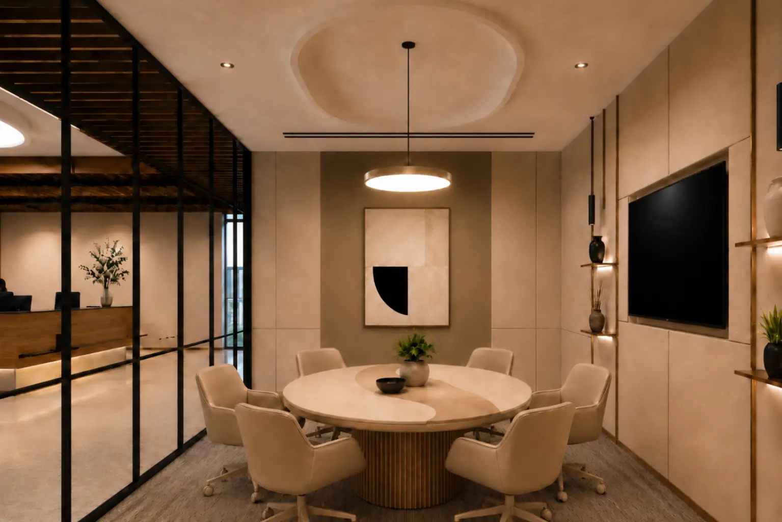 Modern meeting room with a round table, six beige swivel chairs, abstract wall art, and a large wall-mounted screen.
