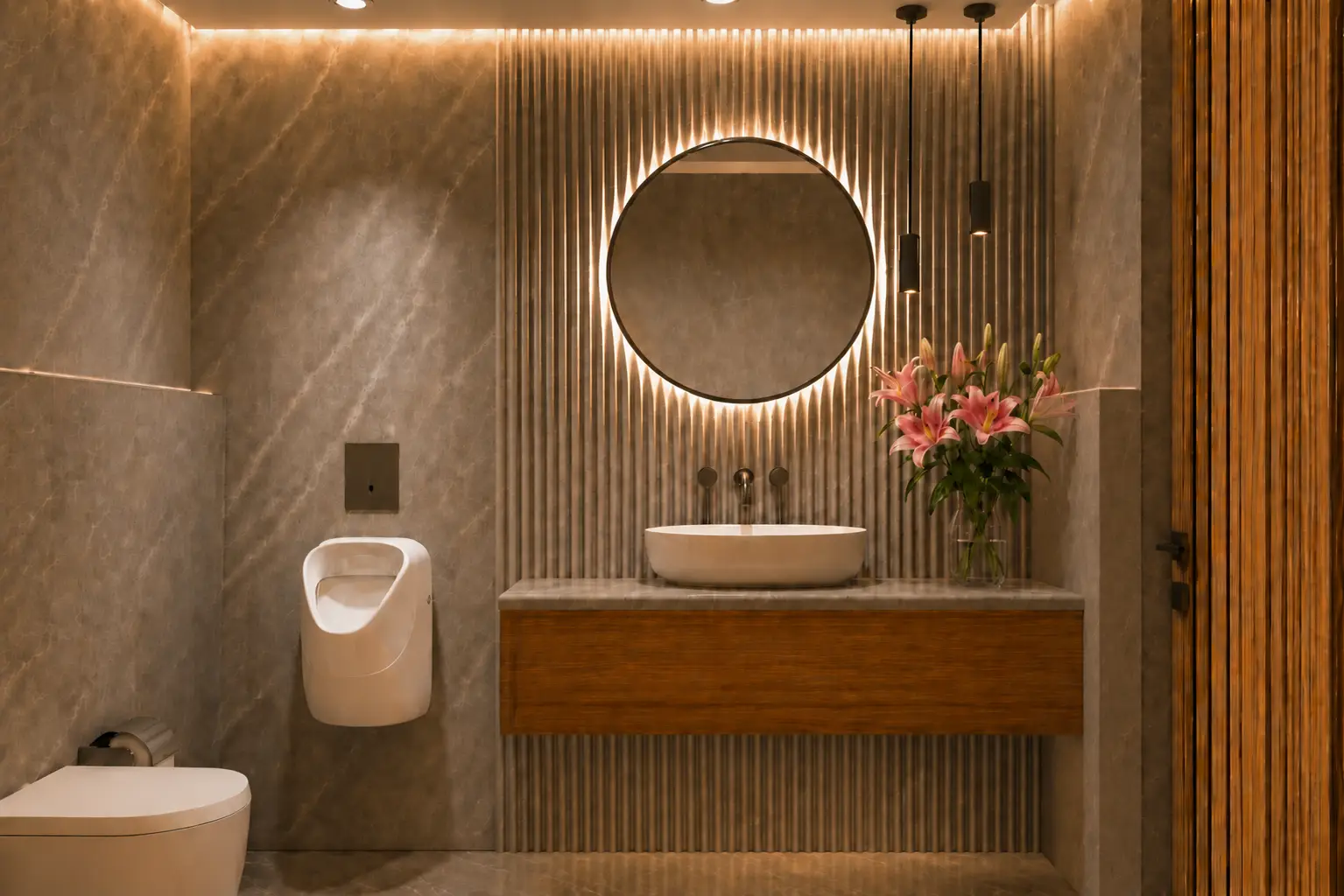 Modern bathroom with a round backlit mirror above a vessel sink on a wooden vanity and a bouquet of pink lilies on the right; marble walls and warm lighting left a toilet and urinal nearby.