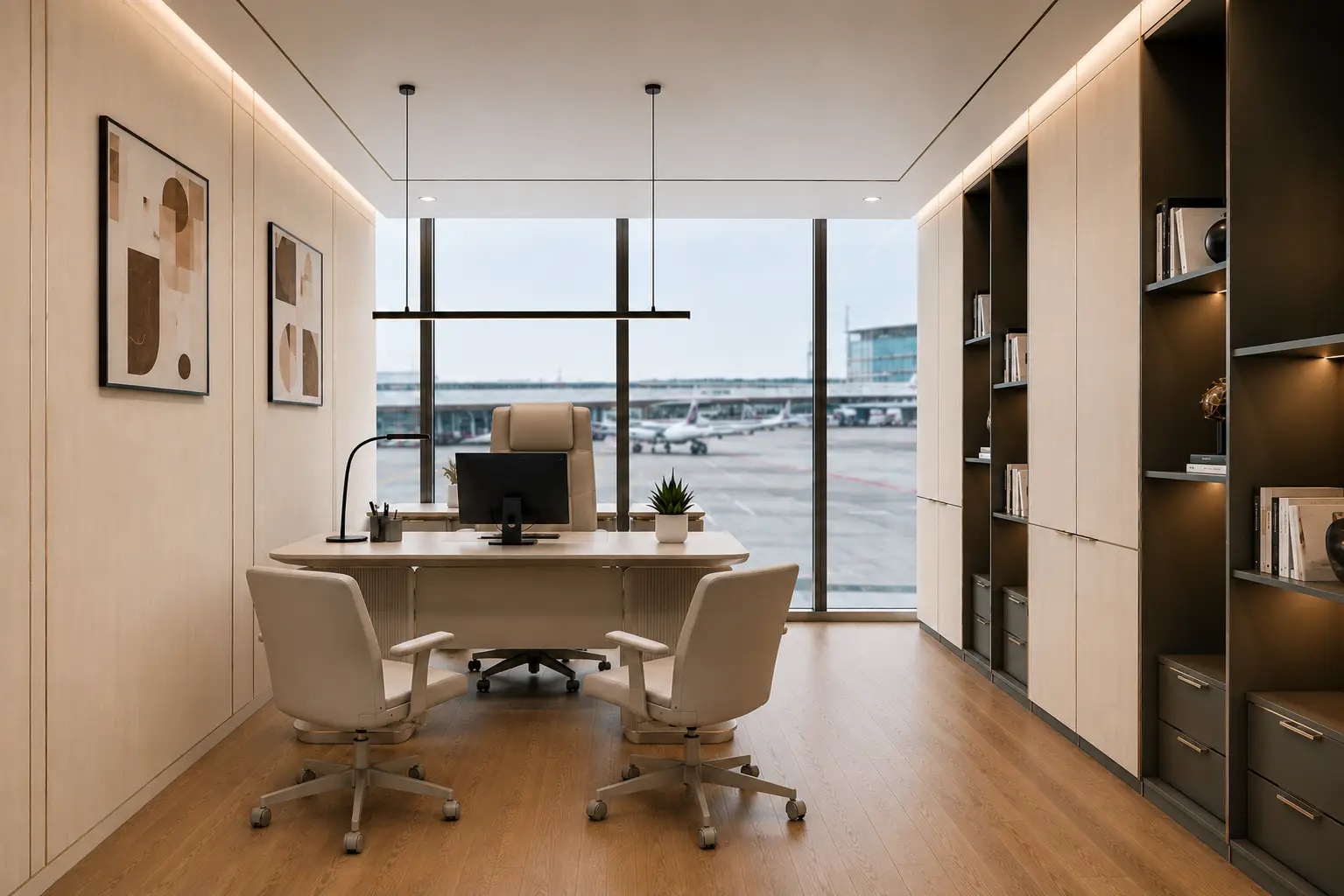 Contemporary executive office with a white desk, two guest chairs, and large windows overlooking an airport tarmac.