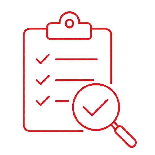 Interior Execution Quality Checks Clipboard with a three-item checklist and a magnifying glass highlighting a completed item.