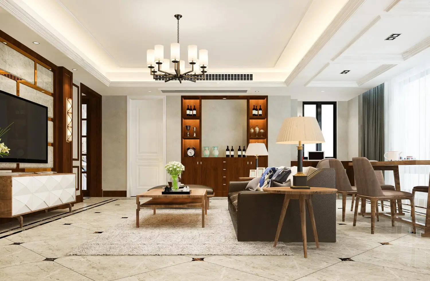 Luxury Living And Dining Room Design Luxurious living room with a chandelier, beige walls, and a built-in wooden display cabinet behind a sofa set.