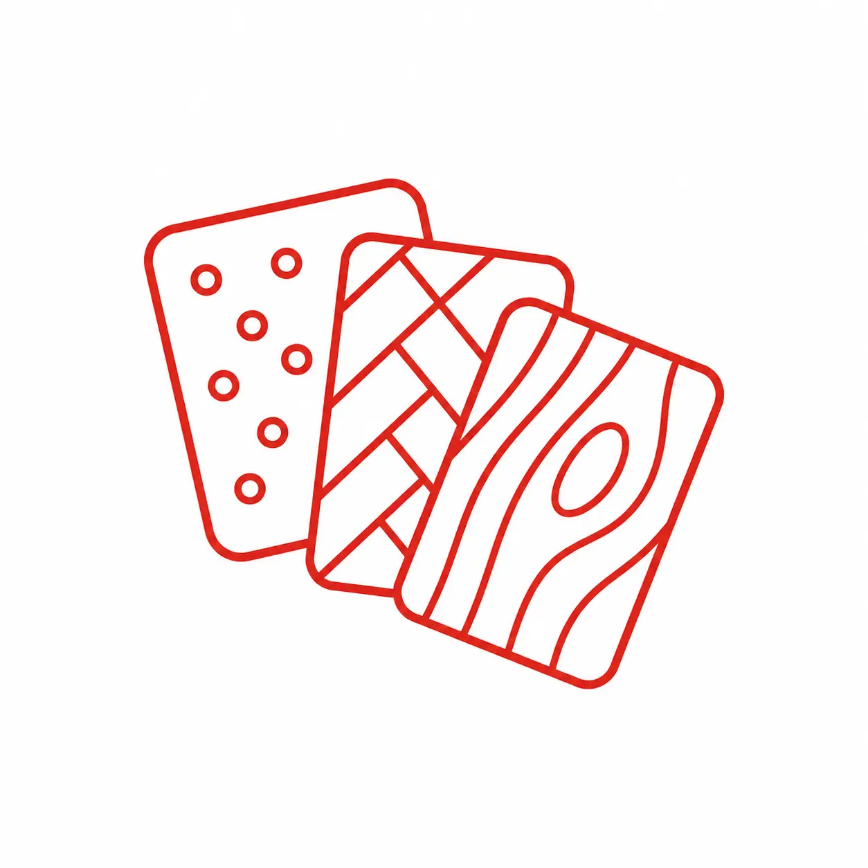 Material And Finish Selection Three overlapping red-outline cards showing different patterns: dots, weave, and stripes.