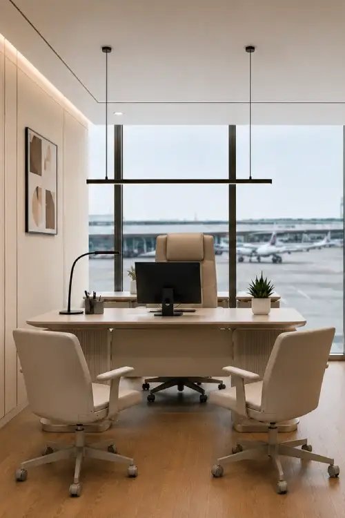 typical-cabin 1 Modern office with a large desk facing a window overlooking an airport tarmac; two white rolling chairs, a computer monitor, desk lamp, and small potted plant on the desk.