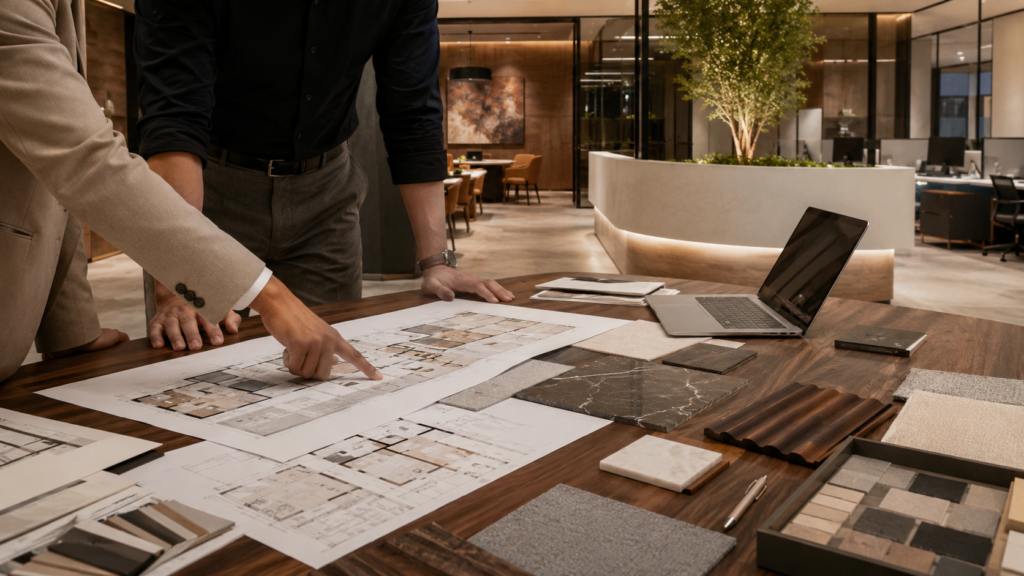 Two designers lean over a round table, reviewing floor plans and material swatches in a modern office.
