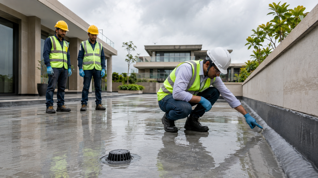 Three construction workers in high-visibility vests and hard hats inspect a wet rooftop drainage area, one kneeling and pointing at the drain while two colleagues watch.
