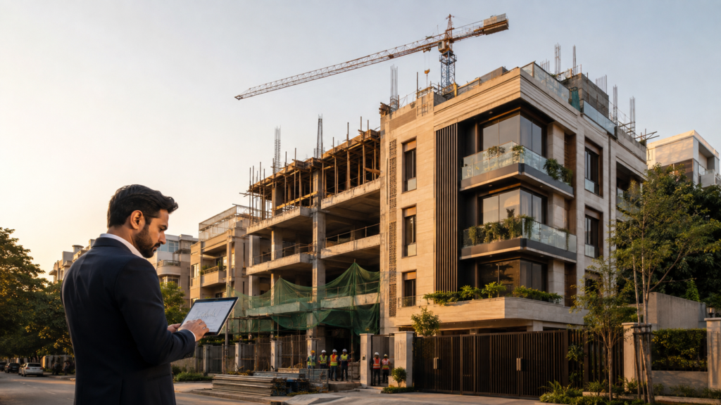 Businessman in suit using tablet at a construction site with a multi-story building and crane under construction in the background.