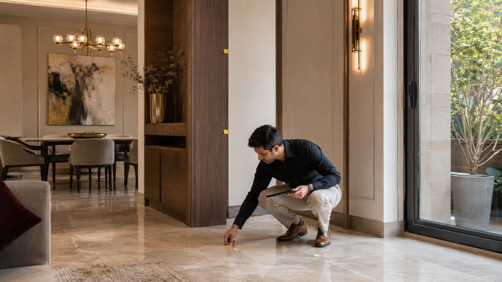 Man kneeling on a polished marble floor places yellow sticky notes, holding a tablet, in a modern living area with a dining space in the background.