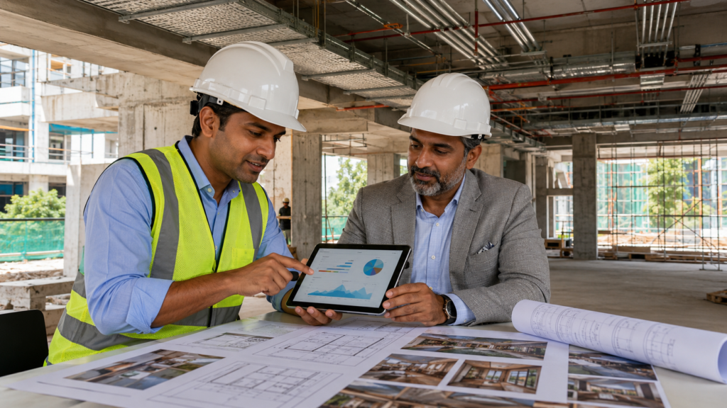 Two construction professionals in hard hats and safety vests review a tablet showing charts at a site, with blueprints on the table.