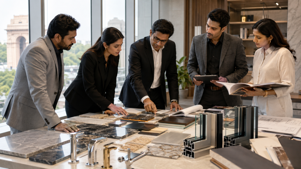 Five professionals in smart business attire examine tile, stone, and material samples laid out on a conference table in a bright office showroom of an interior design project.