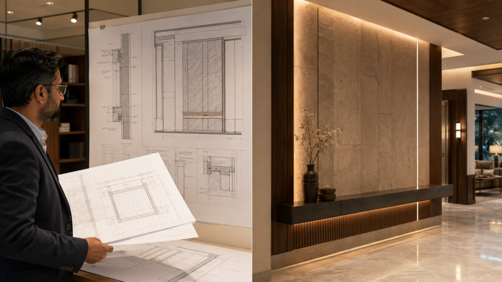 Man in a blazer examines architectural blueprints at a drafting table in a design space, with a modern stone-wall lobby visible to the right.