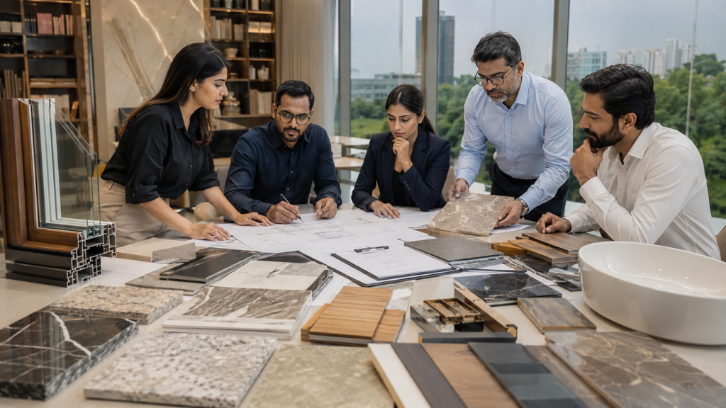 Five designers gather around a table, reviewing blueprints and tile/material samples in a bright, modern office with a city view.