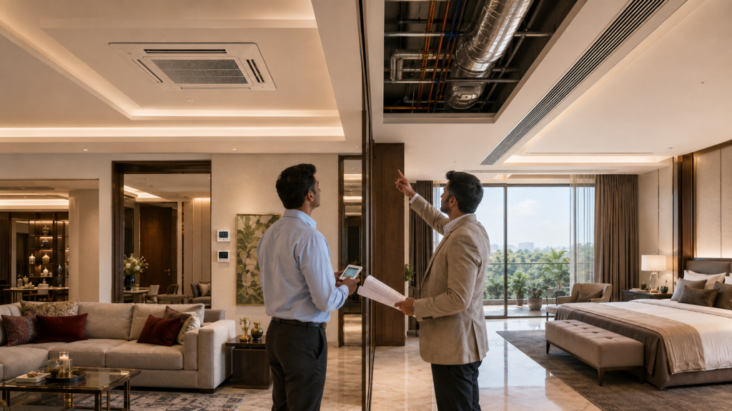 Two men in business attire examine exposed ceiling ducts in a luxurious hotel suite, one pointing upward while the other holds a tablet and papers.