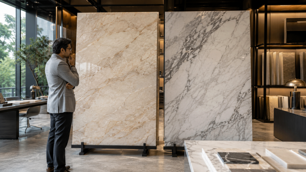 Man in a light gray blazer examines large beige and white marble slabs on display in a showroom.
