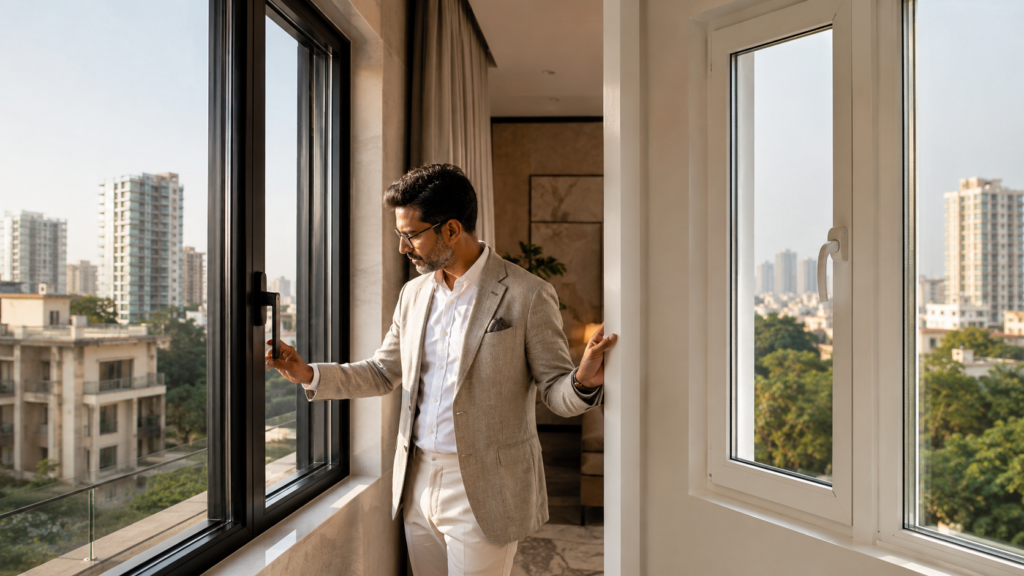 Man in a light beige suit opens a large window, with a city skyline and trees outside.