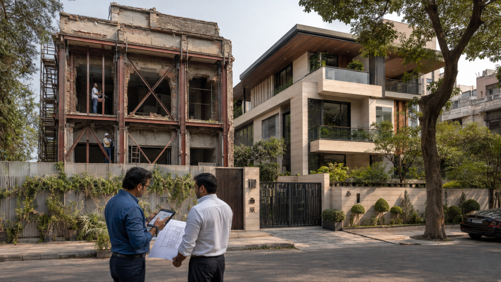 Two men in business attire review blueprints on a sidewalk beside a modern completed house and a neighboring ruined steel-framed building under renovation.
