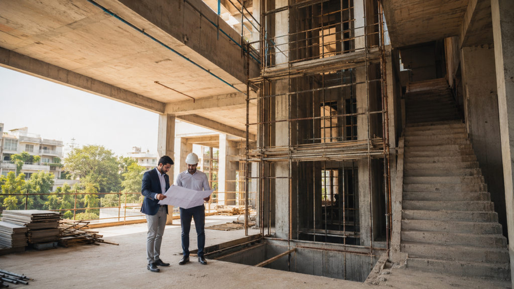 Two construction professionals in hard hats review blueprints on an unfinished building site with scaffolding nearby.