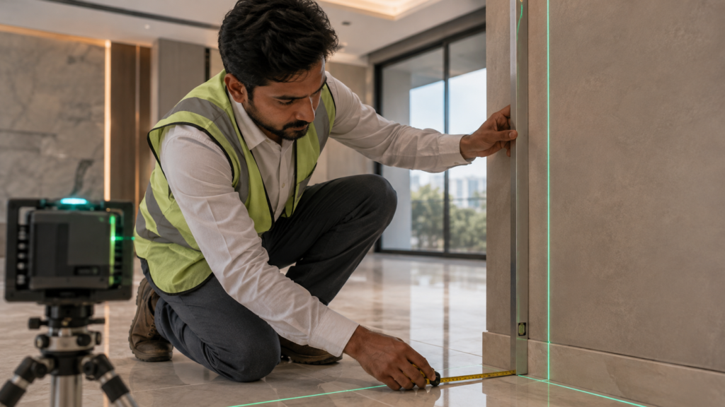 Construction worker in a high-visibility vest kneels to measure floor-to-wall alignment with a tape measure, green laser lines marking the install site.