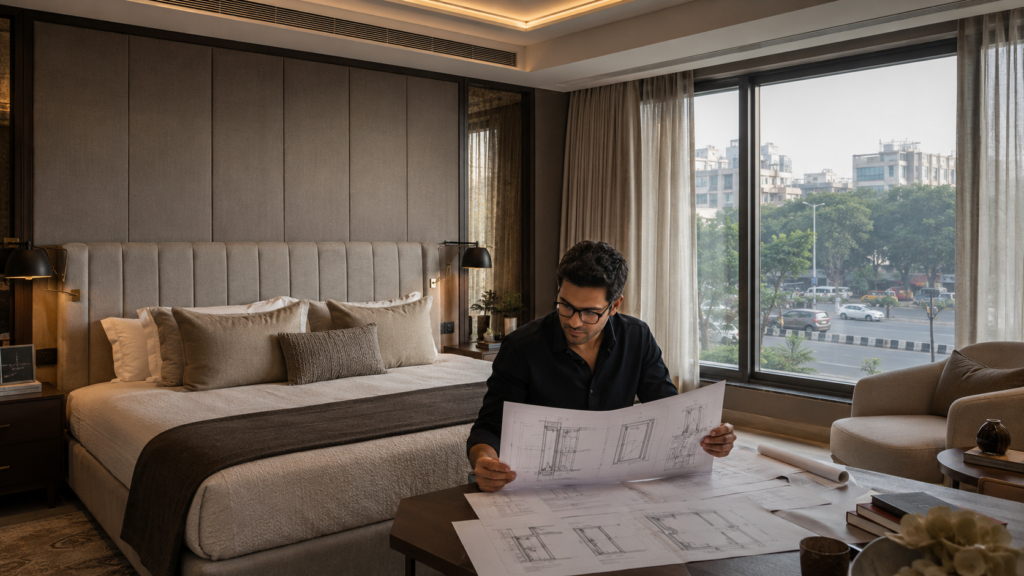 Man in a dark shirt studies architectural blueprints at a table in a stylish hotel room.