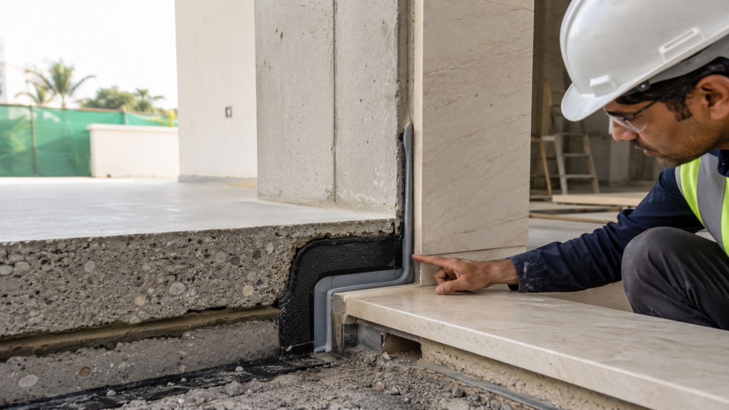 Construction worker in a hard hat inspecting door threshold sealing and waterproofing at a concrete step.