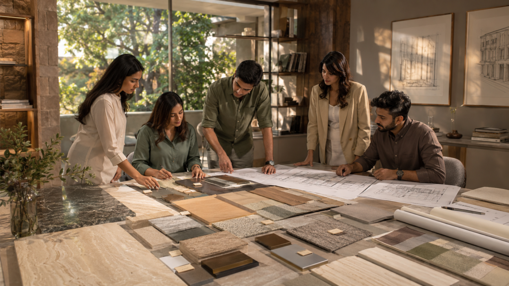 A team of designers around a table reviewing architectural plans and material samples in a bright studio.