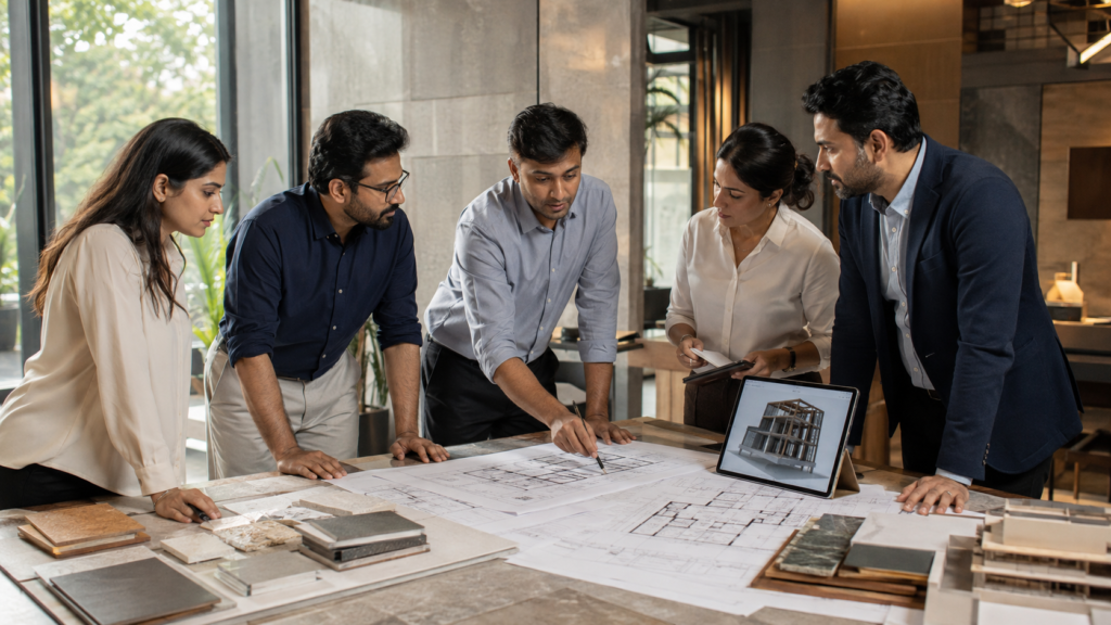Five professionals lean over a table, reviewing architectural blueprints with a tablet showing a building model and material samples nearby.