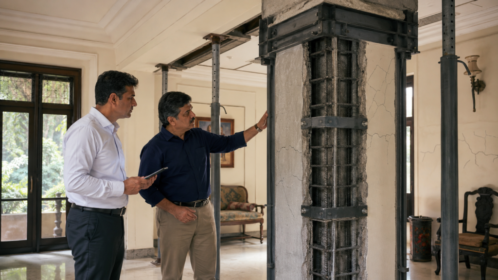 Two professionals in business attire inspect a cracked reinforced concrete column during building restoration.