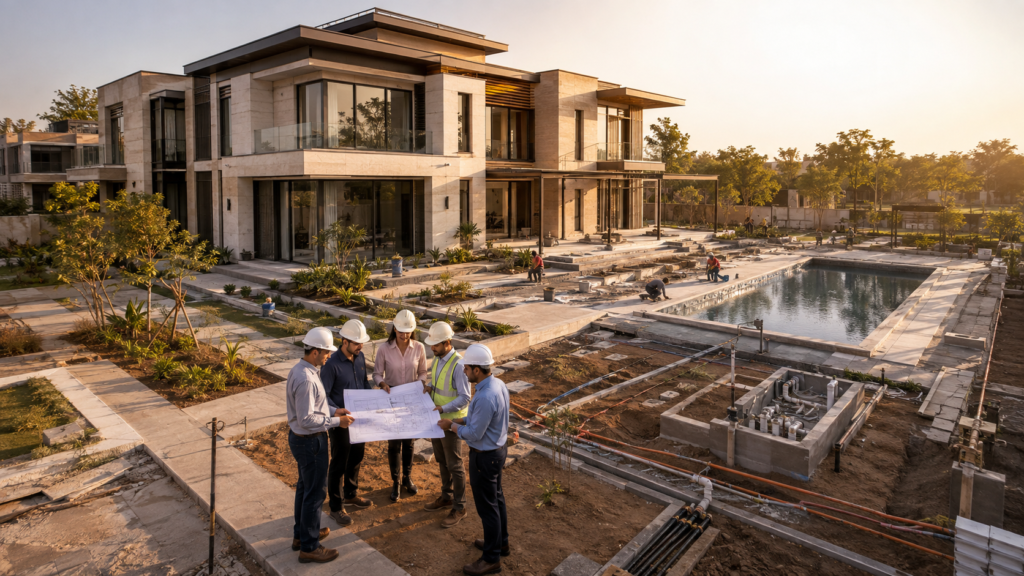 Group of engineers and a supervisor wearing hard hats review blueprints on a construction site in front of a modern villa with a pool outside the unfinished yard.
