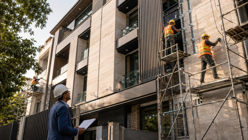 A construction supervisor in a hard hat reviews blueprints while workers scaffold a modern building under construction.
