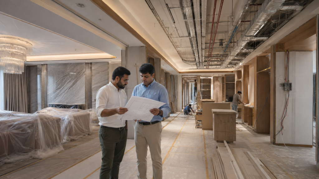 Two men in business casual review blueprints on a construction site with workers and exposed piping in the background.
