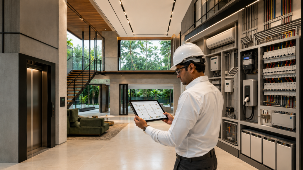 Engineer in a hard hat uses a tablet to inspect electrical control panels in a modern lobby.