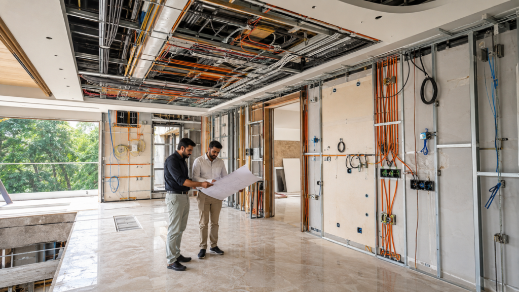 Two men stand in a partially finished interior, looking at large blueprints amid exposed electrical wiring and drywall frames.